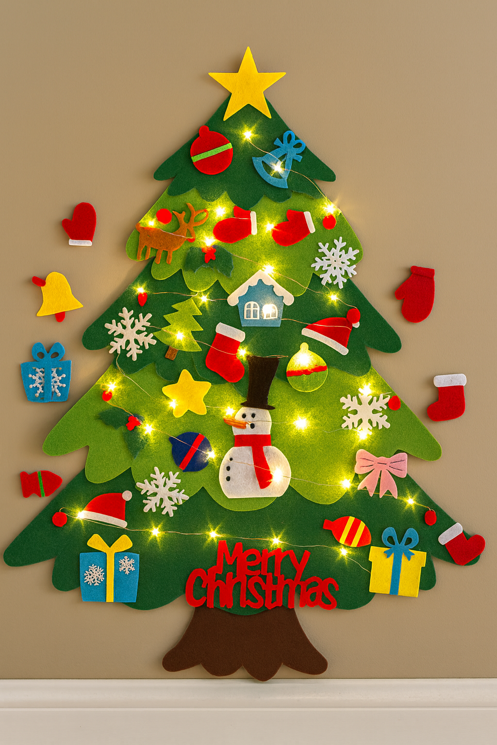 Árbol de navidad de fieltro con 25 adornos + luces de 3m