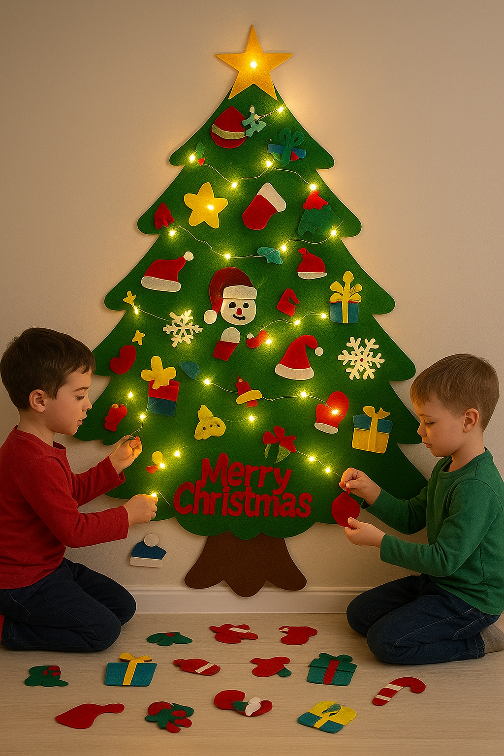 Árbol de navidad de fieltro con 25 adornos + luces de 3m